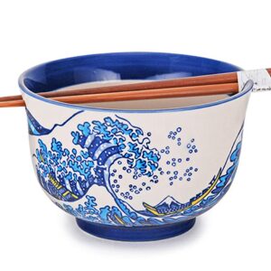 Happy Sales, Multi Purpose 6.25" D Large Ramen Udon Soba Pho Noodle Donburi Rice Tayo Bowl with Chopsticks (BlueWave)