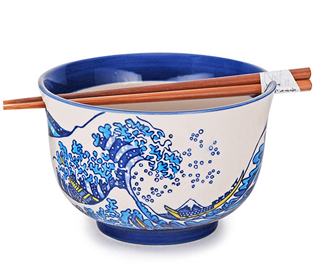 Happy Sales, Multi Purpose 6.25" D Large Ramen Udon Soba Pho Noodle Donburi Rice Tayo Bowl with Chopsticks (BlueWave)