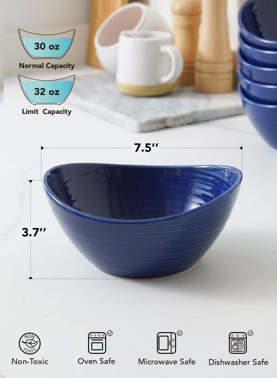 LE TAUCI Large Cereal Bowls 30 OZ, Ceramic Bowls Set for Salad Soup Rice Desserts, Kitchen Serving bowl, Oven Dishwasher & Microwave Safe - 7.5 inch, Set of 4, True Blue