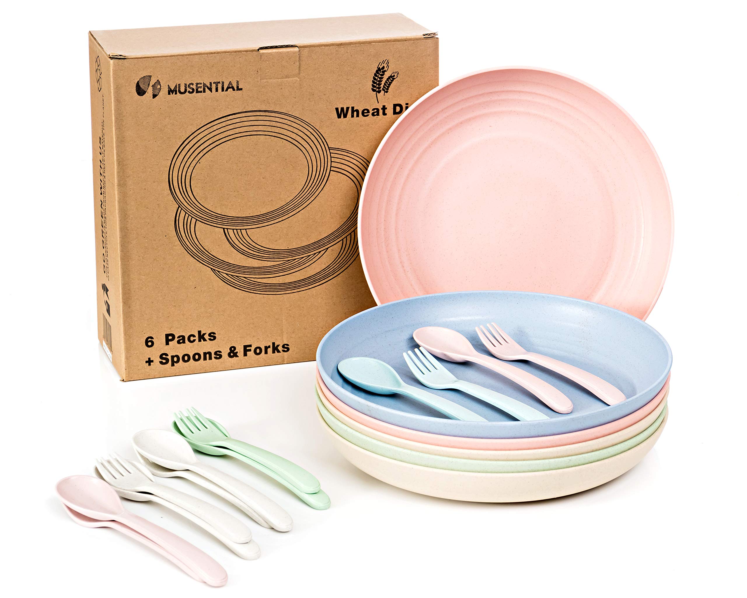 MUSENTIAL 10" Inch Wheat Straw Deep Dish Set (6 Dinner Dishes / Spoons & Forks ) - Dishwasher & Microwave Safe - Unbreakable Reusable Lightweight Eco Friendly & BPA Free Dinnerware