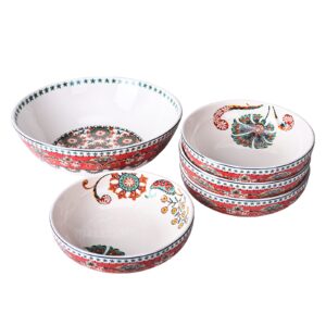 sonemone pasta bowls set of 5, ceramic red salad bowls, serving bowls for kitchen, entertaining, microwave & dishwasher safe (1 unit 114oz, 4 units 35oz)