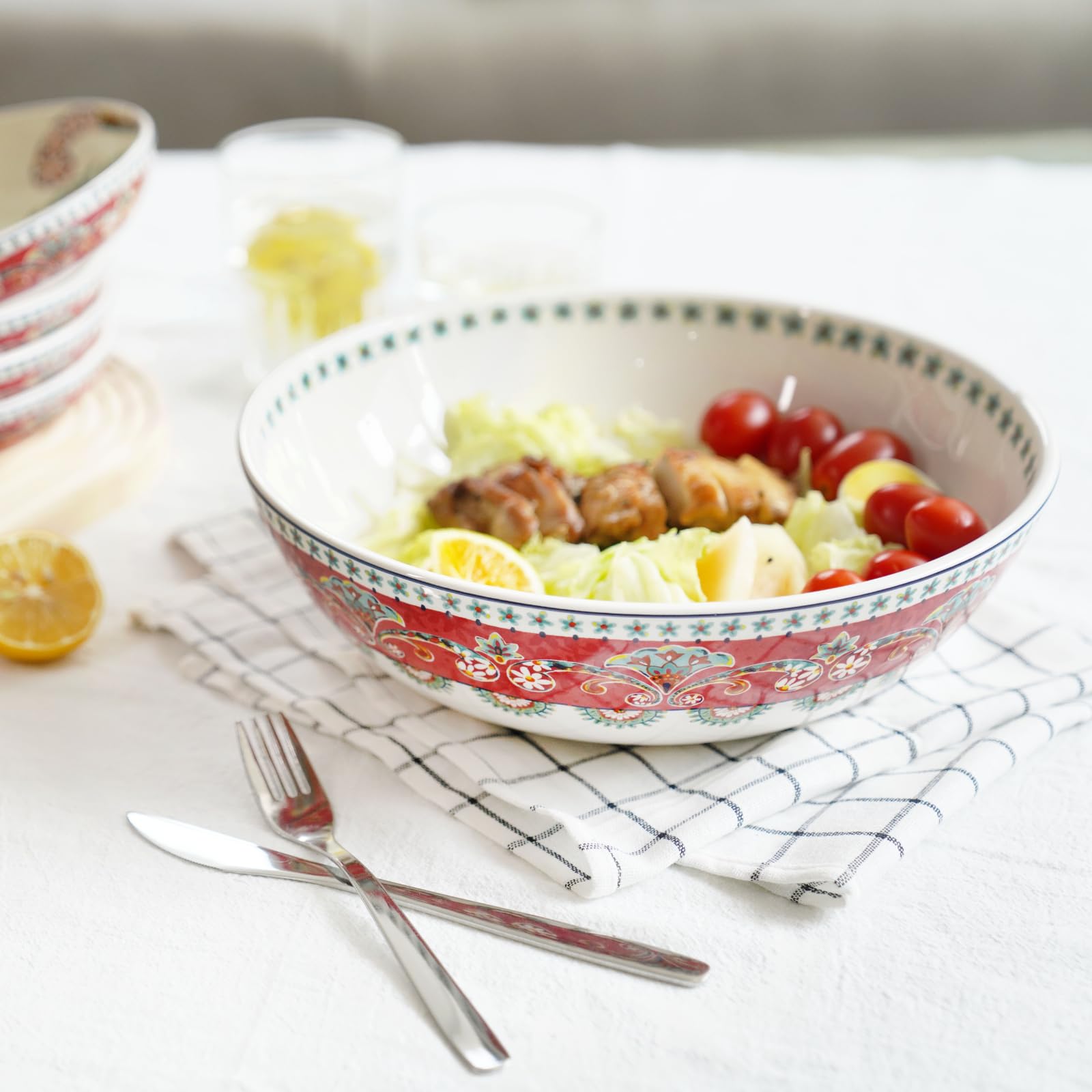 Sonemone Pasta Bowls Set of 5, Ceramic Red Salad Bowls, Serving Bowls For Kitchen, Entertaining, Microwave & Dishwasher Safe (1 unit 114oz, 4 units 35oz)