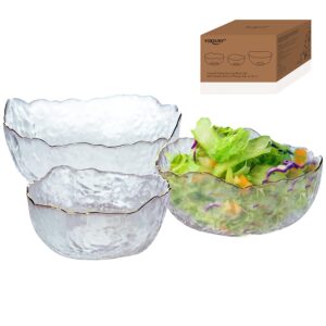 yoxsuny glass bowl serving bowl set with golden rim in organic shape. salad bowl set of 3 sizes (400ml) (600ml) (1100ml) for salad snacks popcorn candies etc.