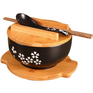 yingxue japanese cuisine bowl (6.3 by 3.15 in) set with wooden lid, soup spoon, wooden chopsticks, bamboo tray, ceramics sakura ramen bowl, ceramic instant noodle bowl, salad bowl soup bowl rice bowl