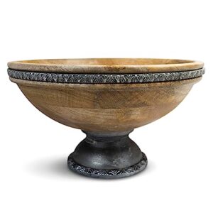 Foxglove Market 11" Wood Fruit Bowl with Metal Base - Pedestal Fruit Bowl - Decorative Bowl