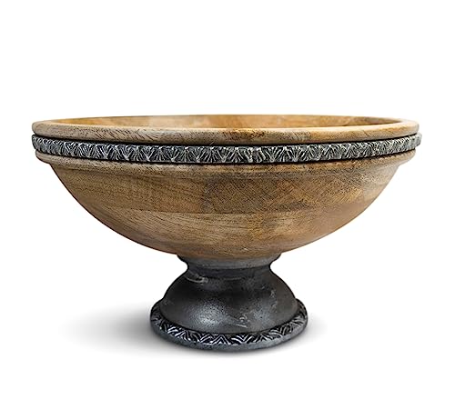 Foxglove Market 11" Wood Fruit Bowl with Metal Base - Pedestal Fruit Bowl - Decorative Bowl