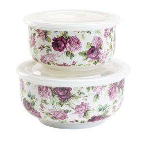 grace pantry porcelain storage bowls with vented lids, large and medium 2-piece set, (summer rose chintz), 30 ounces