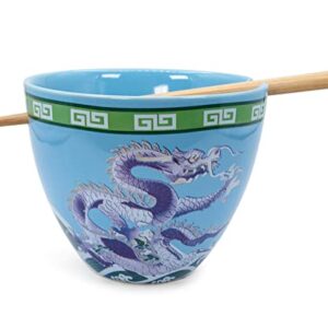 Bowl Bop Blue Dragons Japanese Ceramic Dinnerware Set | Includes 16-Ounce Ramen Noodle Bowl and Wooden Chopsticks | Asian Food Dish Set For Home & Kitchen | Kawaii Anime Gifts and Collectibles