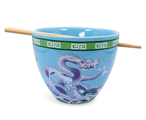 Bowl Bop Blue Dragons Japanese Ceramic Dinnerware Set | Includes 16-Ounce Ramen Noodle Bowl and Wooden Chopsticks | Asian Food Dish Set For Home & Kitchen | Kawaii Anime Gifts and Collectibles