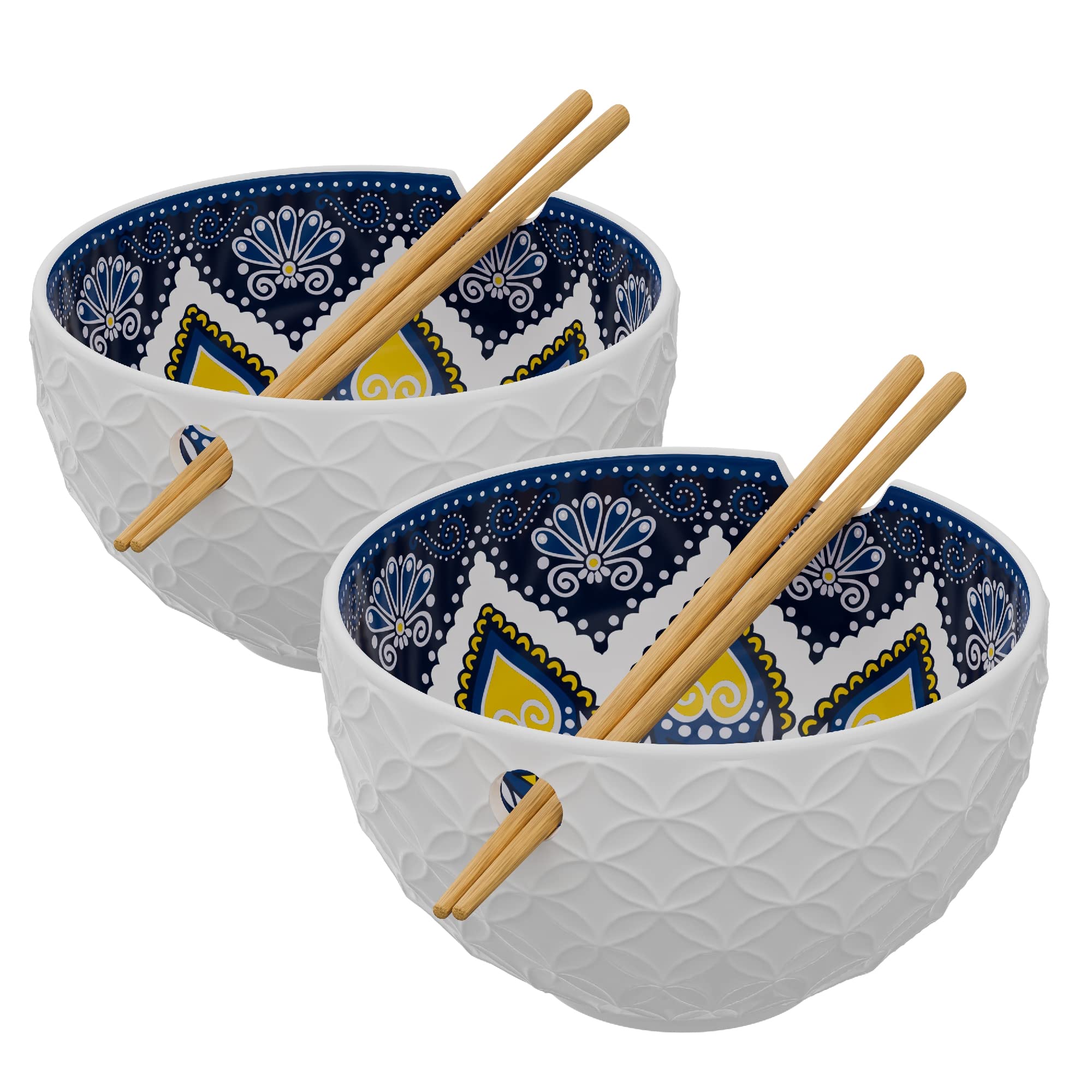 American Atelier Ramen Bowl with Chopsticks | Set of 2 | Soup Bowls for Kitchen | Udon Noodle Bowls with Chopsticks | Stoneware Rice Bowl | 6" Diameter (21 Oz) - Medallion Blue & Yellow Star Design