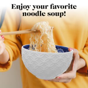 American Atelier Ramen Bowl with Chopsticks | Set of 2 | Soup Bowls for Kitchen | Udon Noodle Bowls with Chopsticks | Stoneware Rice Bowl | 6" Diameter (21 Oz) - Medallion Blue & Yellow Star Design