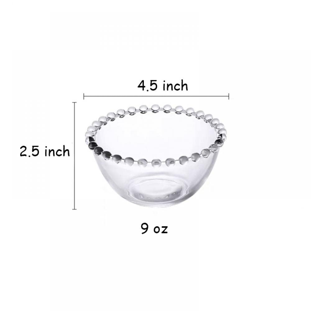 Sizikato 2pcs Clear Glass Dessert Bowl with Beaded Edges, 4.5-Inch Fruit Bowl Salad Bowl