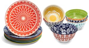 annovero cereal bowls, dinner plates. cute and colorful porcelain dishes for kitchen, microwave and oven safe. bundle