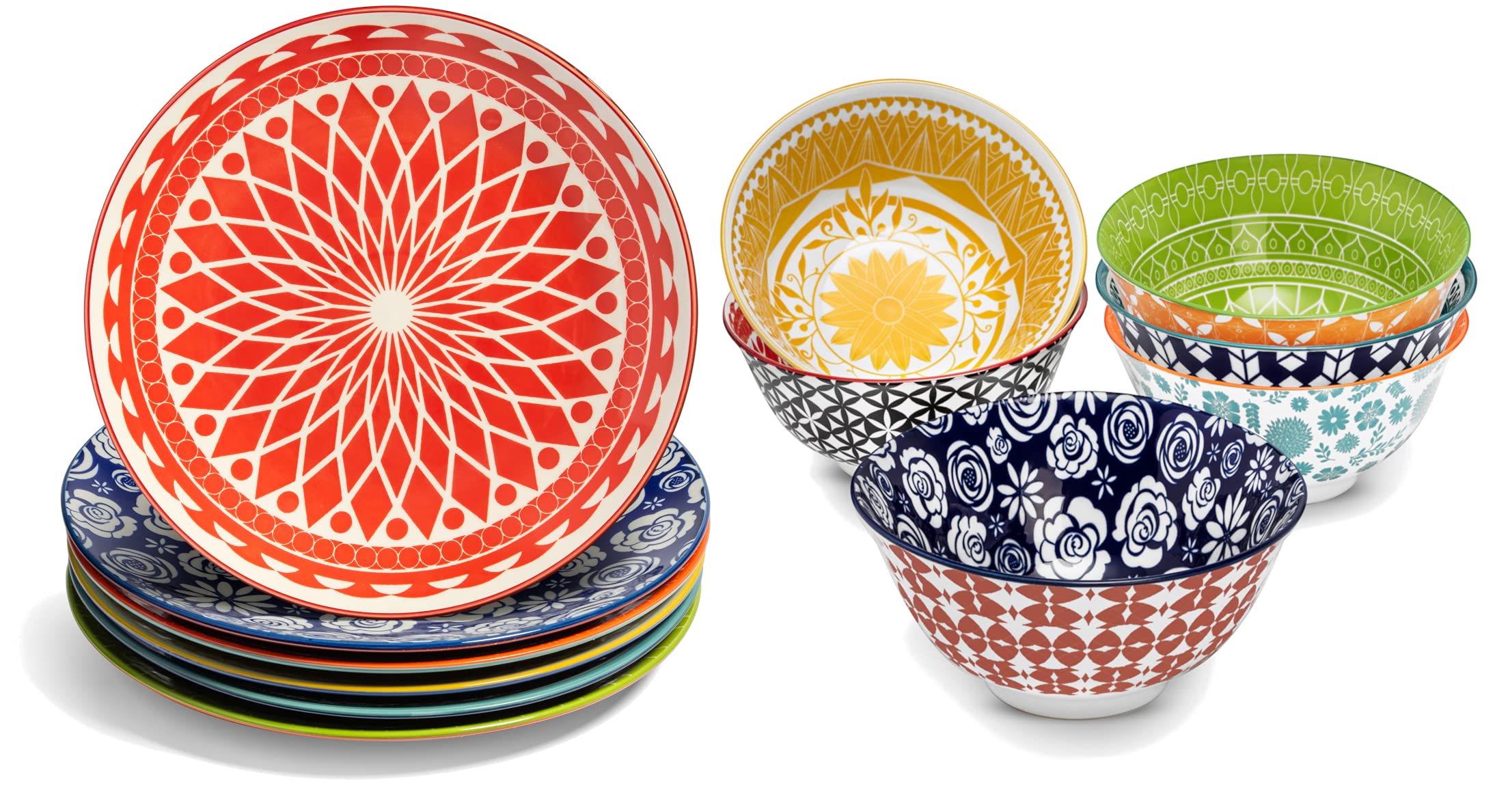 Annovero Cereal Bowls, Dinner Plates. Cute and Colorful Porcelain Dishes for Kitchen, Microwave and Oven Safe. Bundle