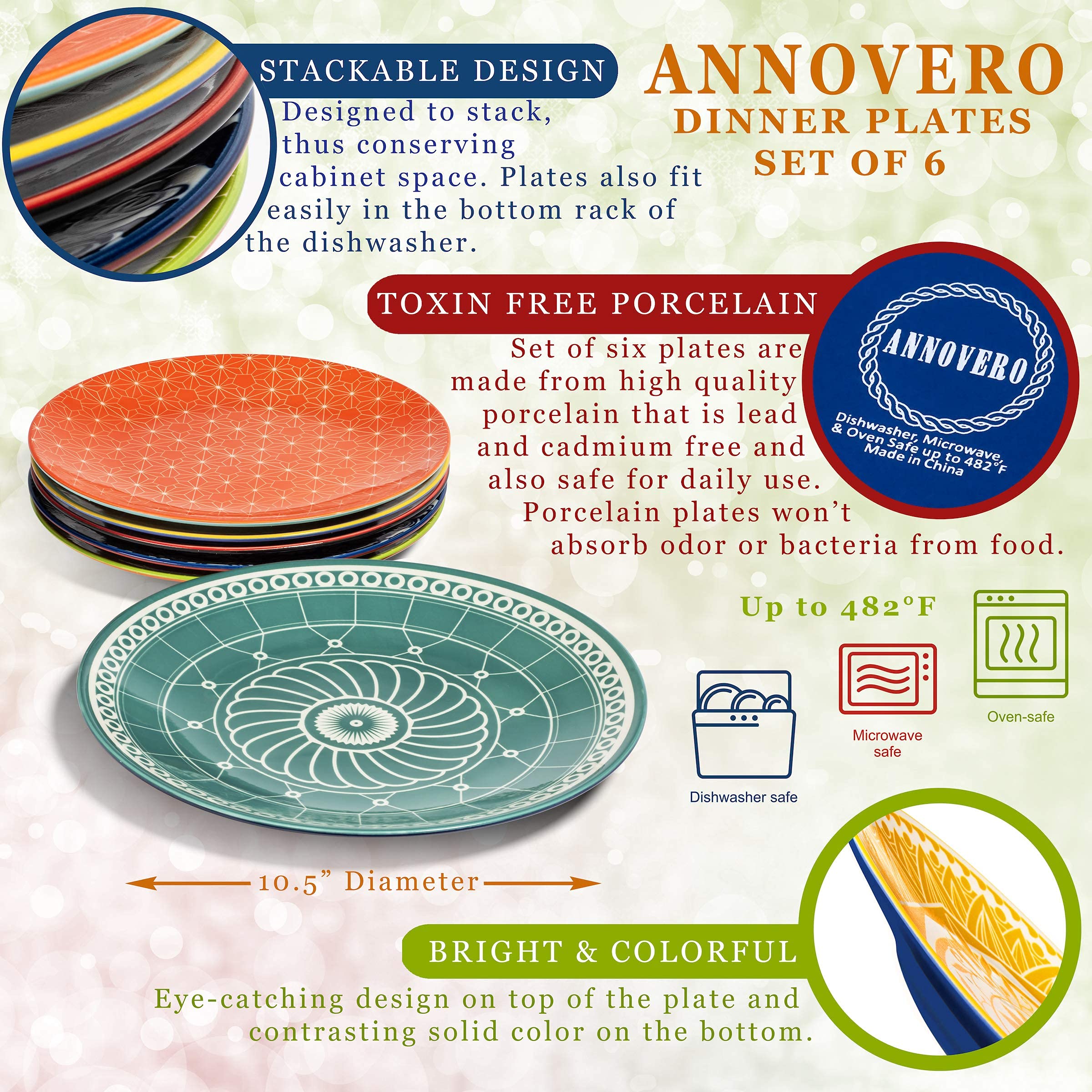 Annovero Cereal Bowls, Dinner Plates. Cute and Colorful Porcelain Dishes for Kitchen, Microwave and Oven Safe. Bundle