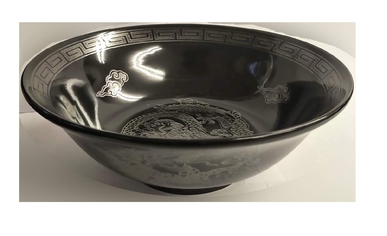 Japanese Ramen Bowl, Mino-Yaki Ceramic, Large Size 21cm 1.1L, Black Glaze & Silver Dragon, Made in Japan