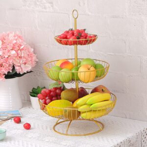 3 Tier Kitchen Countertop Fruit Basket Bowl for Bread Vegetables Snack Storage, Removable Organizer Shelf Storage Rack, Modern Design Tiered Fruit Holder Stand，for Gifts Home Party(round head gold)