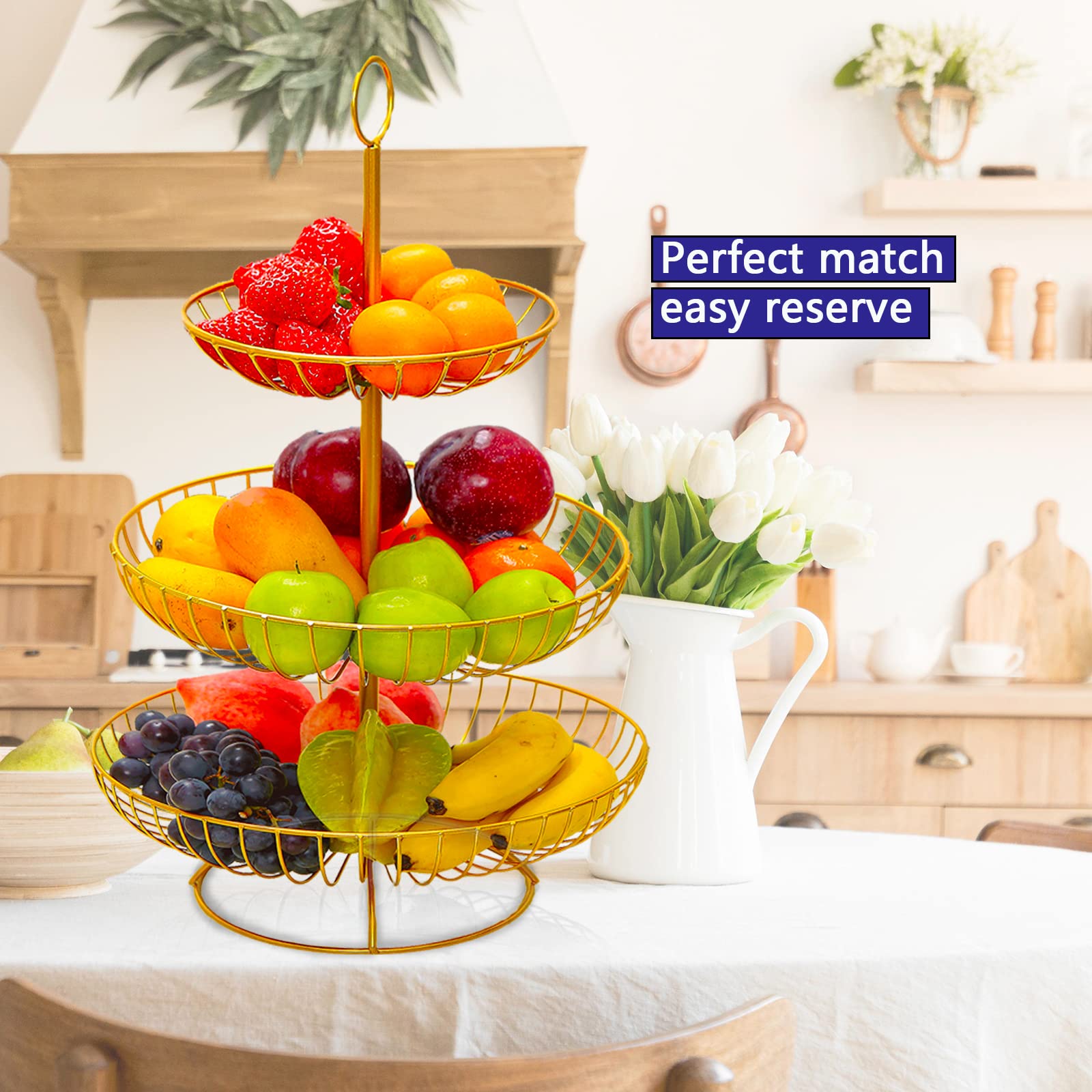 3 Tier Kitchen Countertop Fruit Basket Bowl for Bread Vegetables Snack Storage, Removable Organizer Shelf Storage Rack, Modern Design Tiered Fruit Holder Stand，for Gifts Home Party(round head gold)