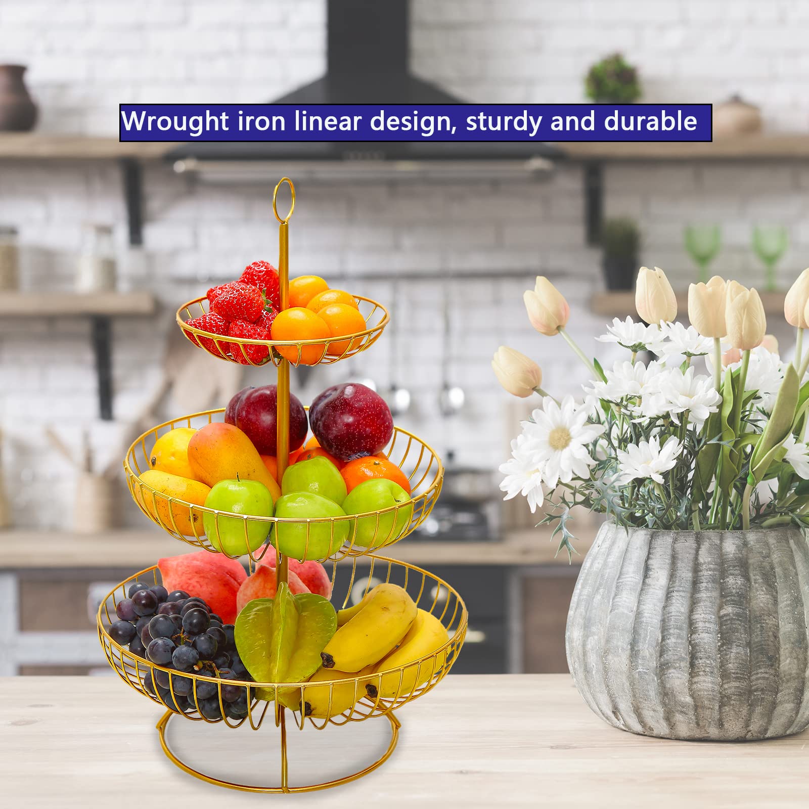 3 Tier Kitchen Countertop Fruit Basket Bowl for Bread Vegetables Snack Storage, Removable Organizer Shelf Storage Rack, Modern Design Tiered Fruit Holder Stand，for Gifts Home Party(round head gold)