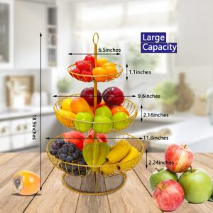 3 Tier Kitchen Countertop Fruit Basket Bowl for Bread Vegetables Snack Storage, Removable Organizer Shelf Storage Rack, Modern Design Tiered Fruit Holder Stand，for Gifts Home Party(round head gold)