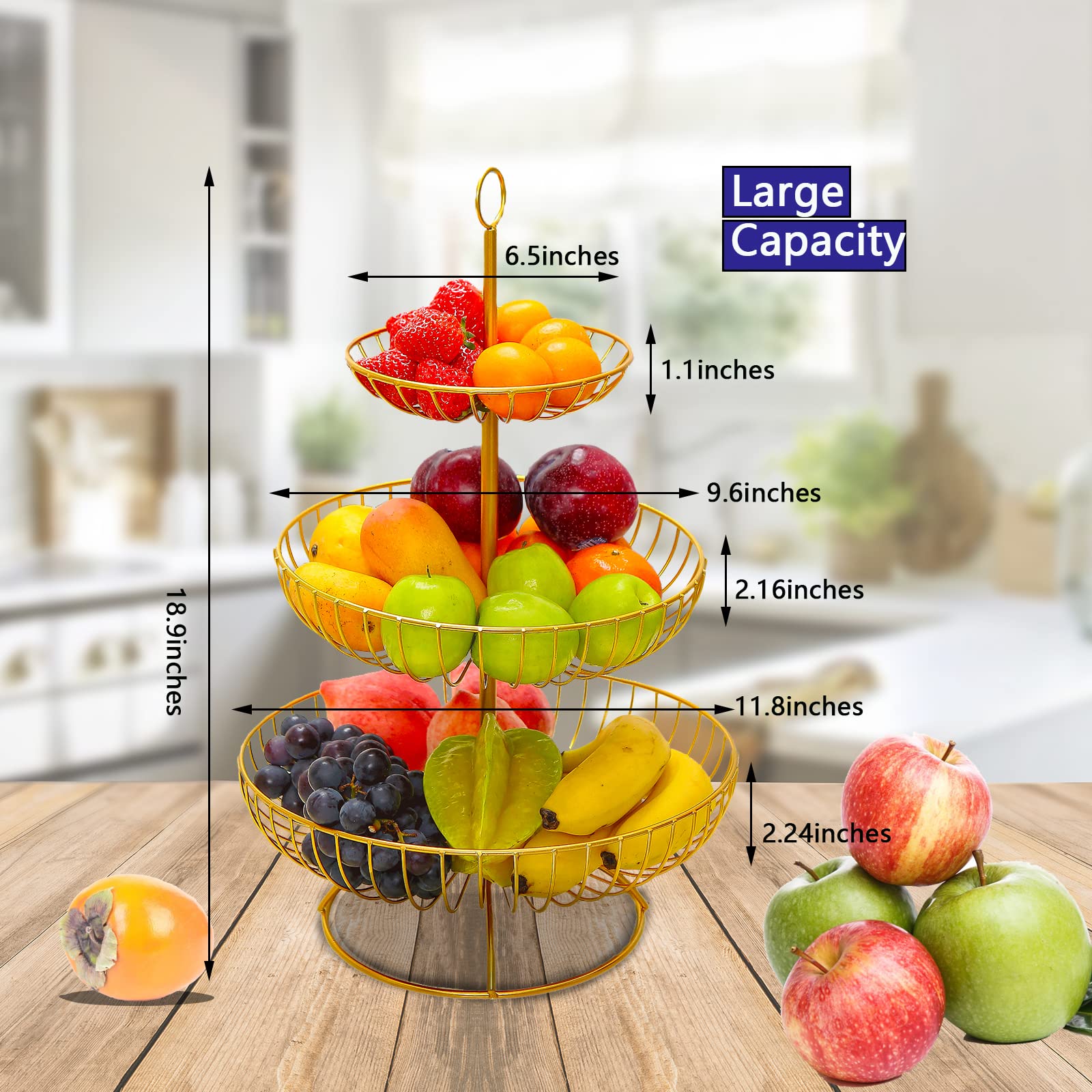 3 Tier Kitchen Countertop Fruit Basket Bowl for Bread Vegetables Snack Storage, Removable Organizer Shelf Storage Rack, Modern Design Tiered Fruit Holder Stand，for Gifts Home Party(round head gold)