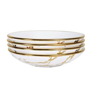 fanquare porcelain pasta bowls set of 4, gold marble serving bowl 16oz, ramen bowl for soup, salad, dessert, 7 inch