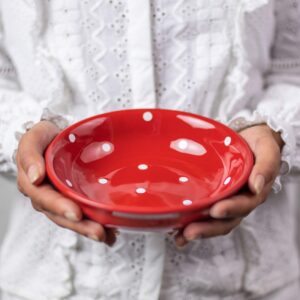 City to Cottage Handmade Red and White Pottery Polka Dot Glazed 7.3inch/18.5cm, 14oz/400ml Salad, Pasta, Fruit, Cereal, Soup Bowl | Unique Ceramic Dinnerware, Housewarming Gift