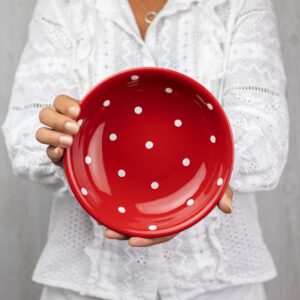 City to Cottage Handmade Red and White Pottery Polka Dot Glazed 7.3inch/18.5cm, 14oz/400ml Salad, Pasta, Fruit, Cereal, Soup Bowl | Unique Ceramic Dinnerware, Housewarming Gift