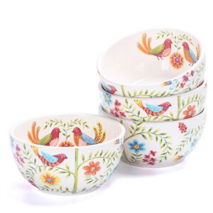 bico red spring bird ceramic bowls set of 4, 26oz, for pasta, salad, cereal, soup & microwave & dishwasher safe