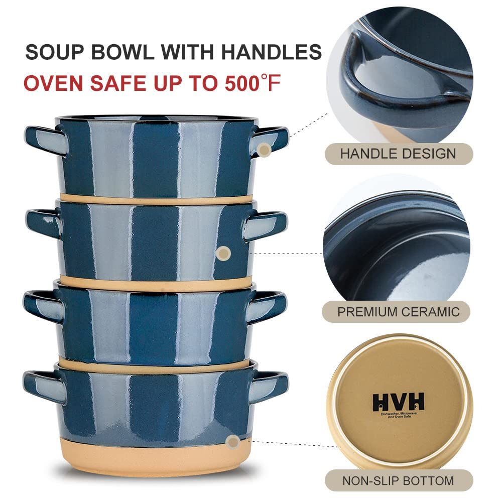 HVH Soup Bowls With Handles Microwave Safe, Ceramic Soup Bowl Set of 4, 24 Oz Big Soup Bowl for Soup, Cereal, Chill, Beef Stew, French Onion Soup Bowls Farmhouse Style (Blue)