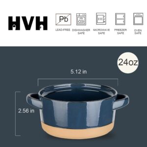 HVH Soup Bowls With Handles Microwave Safe, Ceramic Soup Bowl Set of 4, 24 Oz Big Soup Bowl for Soup, Cereal, Chill, Beef Stew, French Onion Soup Bowls Farmhouse Style (Blue)
