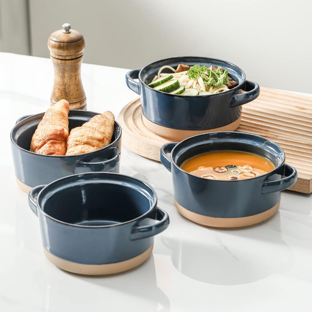 HVH Soup Bowls With Handles Microwave Safe, Ceramic Soup Bowl Set of 4, 24 Oz Big Soup Bowl for Soup, Cereal, Chill, Beef Stew, French Onion Soup Bowls Farmhouse Style (Blue)