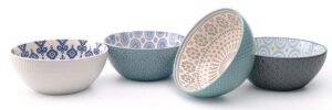 signature housewares pad print 11 set of 4 snack bowls 6", aqua, light blue, dark blue, white