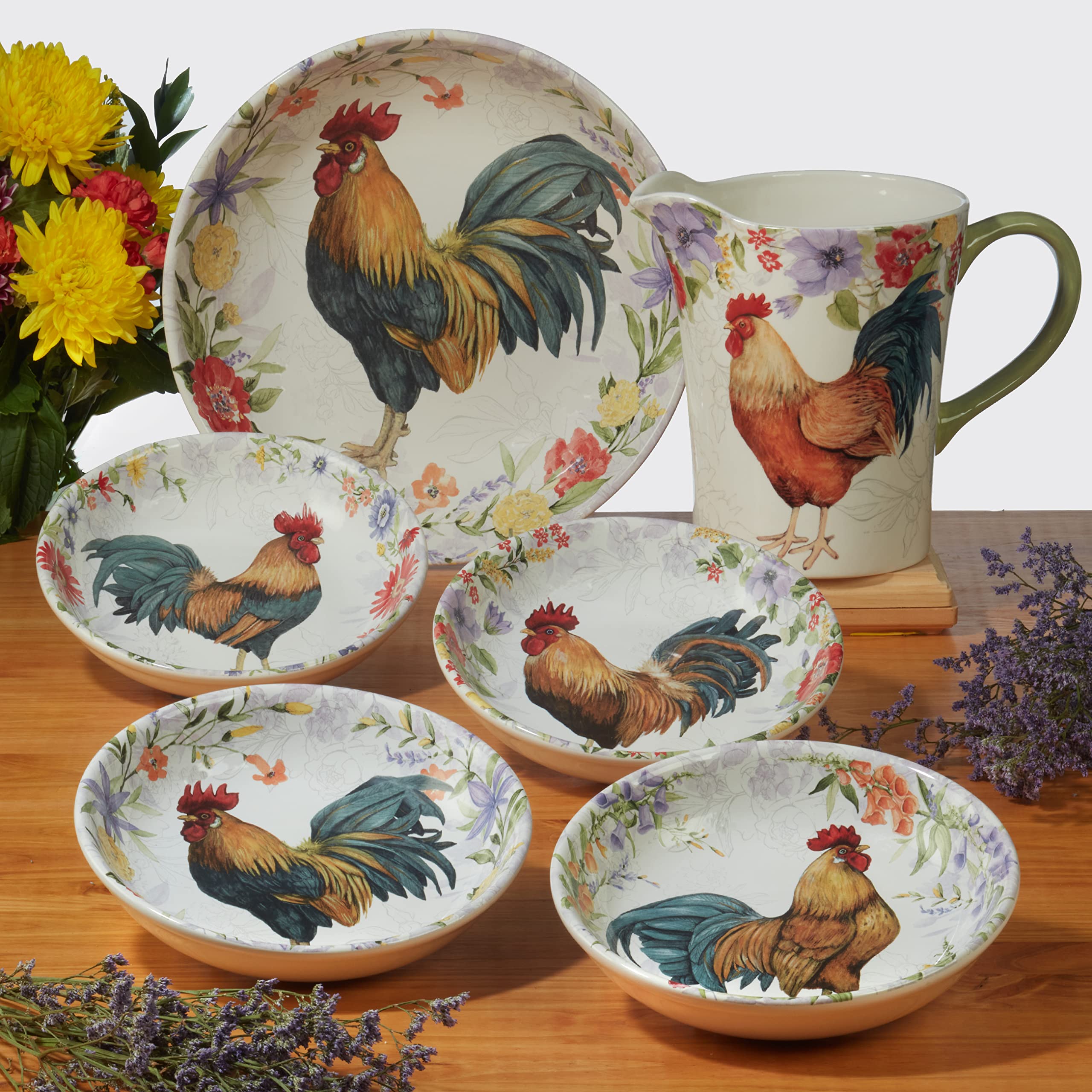 Certified International Floral Rooster 24 oz. Ice Cream/Dessert Bowls, Set of 4 Assorted Designs