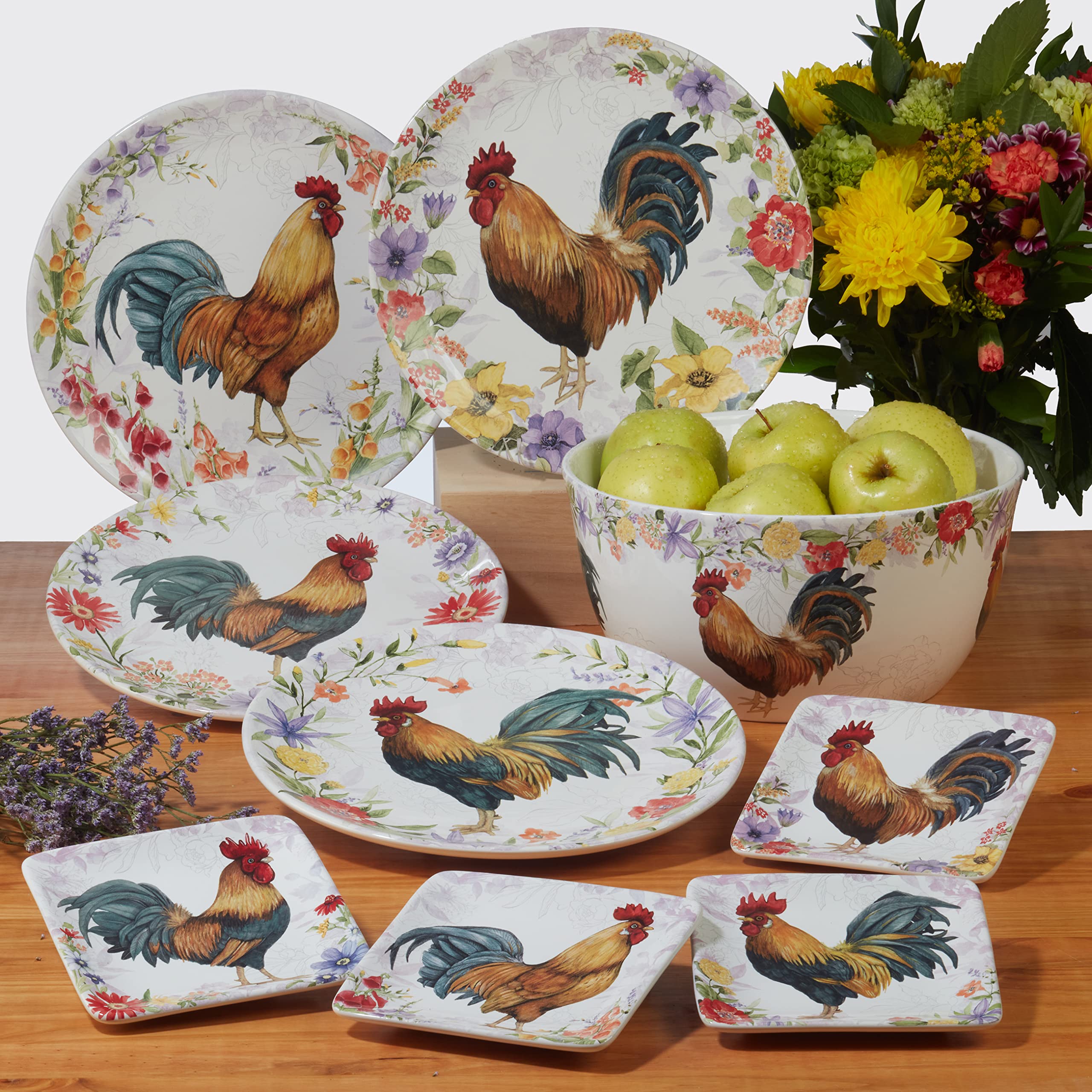 Certified International Floral Rooster 24 oz. Ice Cream/Dessert Bowls, Set of 4 Assorted Designs