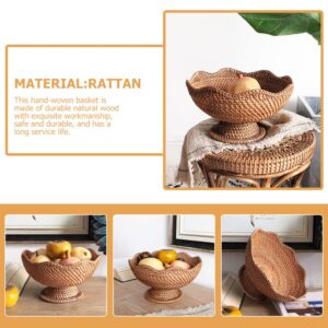 Zerodeko Rattan Fruit Bowl Bread Basket Woven Footed Bowl Round Pedestal Plate Dessert Display Platter Snack Serving Dish Tabletop Organizing Basket for Kitchen Counter