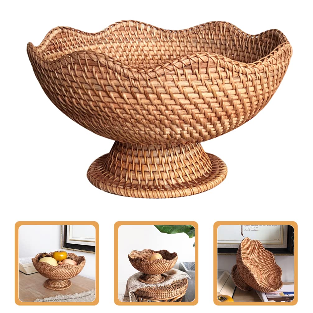 Zerodeko Rattan Fruit Bowl Bread Basket Woven Footed Bowl Round Pedestal Plate Dessert Display Platter Snack Serving Dish Tabletop Organizing Basket for Kitchen Counter