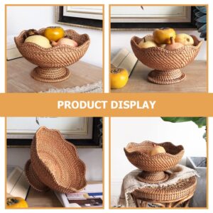 Zerodeko Rattan Fruit Bowl Bread Basket Woven Footed Bowl Round Pedestal Plate Dessert Display Platter Snack Serving Dish Tabletop Organizing Basket for Kitchen Counter