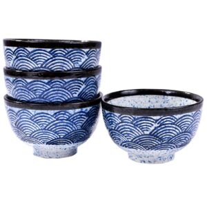 Cerficer Japanese Rice Bowl - 10.2oz Ceramic Sushi Bowl with Blue Wave Pattern,Thickened Bowl Wall,Perfect Small Bowl for Rice, Snacks, Desserts, and Sauces,Asian Rice Bowl Set