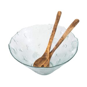 french home recycled clear glass 12" w x 6" h, coastal salad bowl and olive wood servers