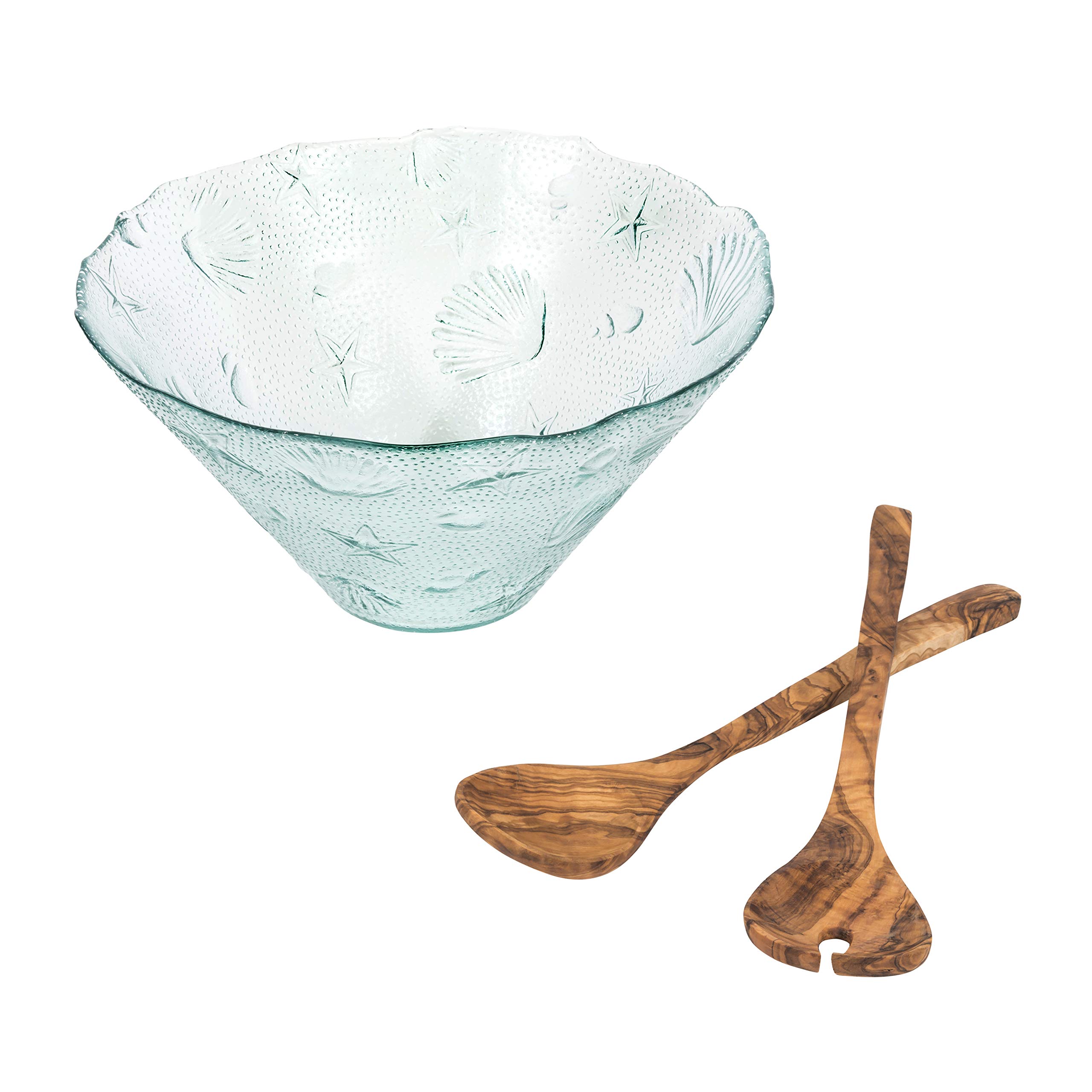 French Home Recycled Clear Glass 12" W x 6" H, Coastal Salad Bowl and Olive Wood Servers