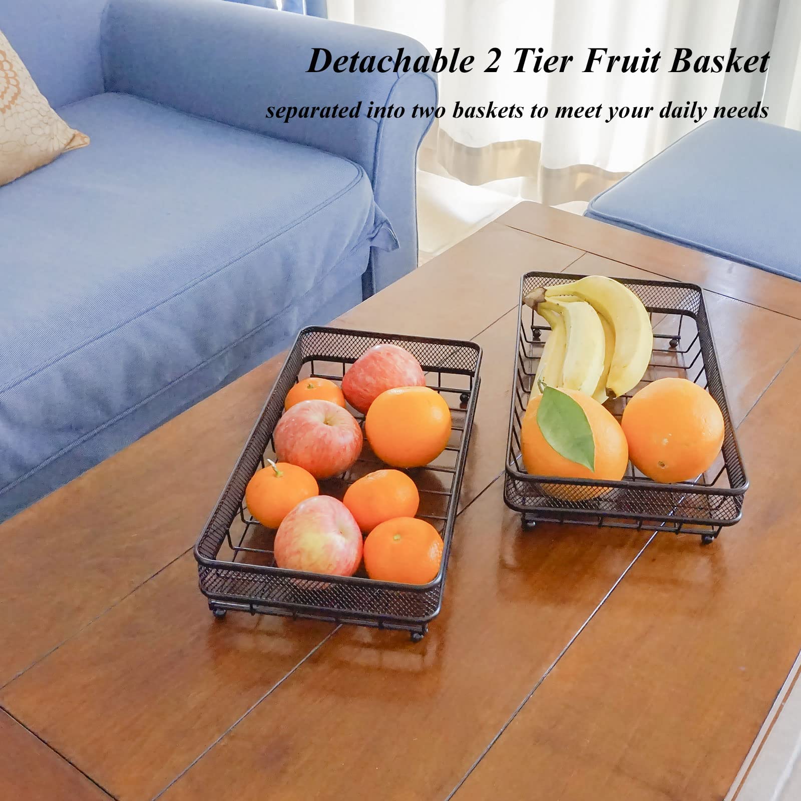 2 Tier Fruit Storage Basket for Kitchen Countertop,GTAGGEE Bread Baskets Fruit Bowl Holder Vegetable Stand Detachable Metal Rectangular Wire Basket, Black