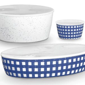 TarHong Homemade Navy Speckle and Gingham Set of 3 Lidded Bowls, 12 oz, 158 oz, 160 oz, Melamine