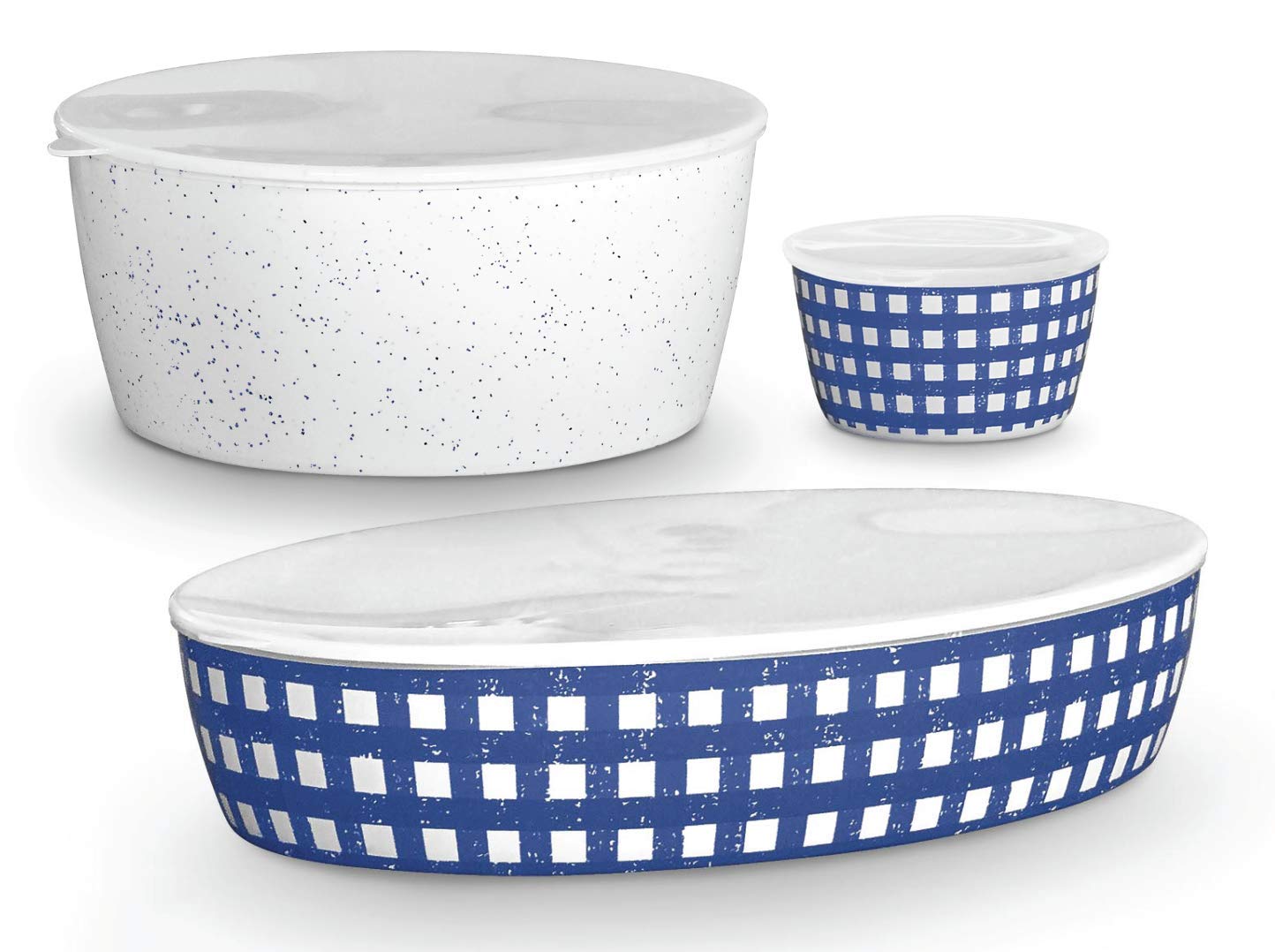 TarHong Homemade Navy Speckle and Gingham Set of 3 Lidded Bowls, 12 oz, 158 oz, 160 oz, Melamine