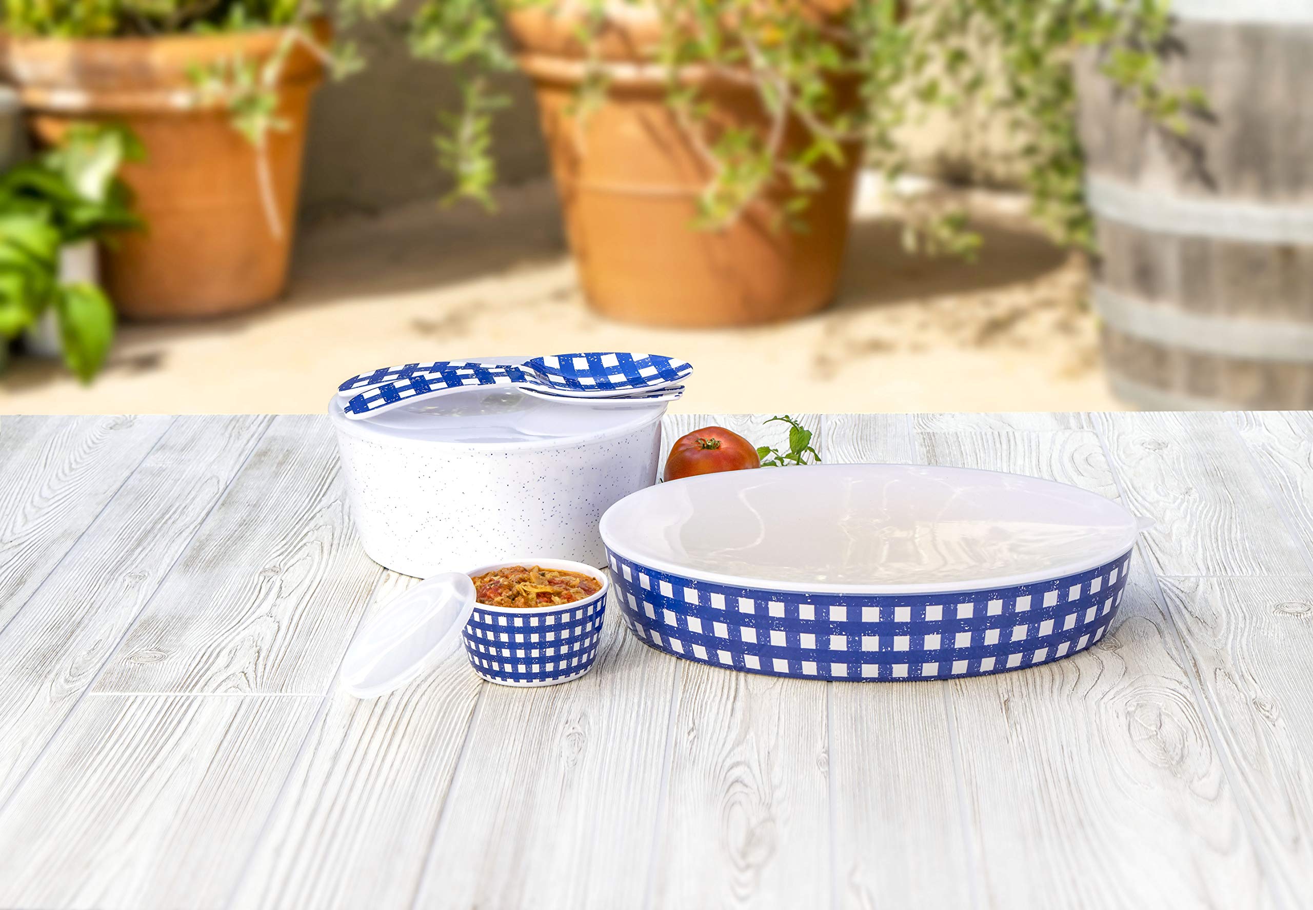 TarHong Homemade Navy Speckle and Gingham Set of 3 Lidded Bowls, 12 oz, 158 oz, 160 oz, Melamine