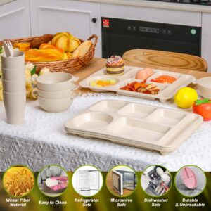 Bokon 24 Pcs Divided Plate for Kid Adult Wheat Straw Lunch cutlery Set Toddler Dinnerware Microwave Safe Picnic School(Beige)