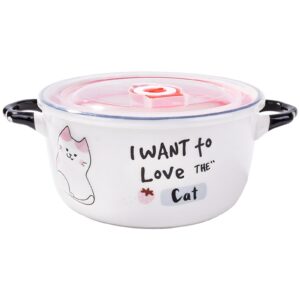 whitenesser microwave ceramic soup bowl with lid and handles, cute cartoon cat cereal bowl for soup instant noodle (pink)