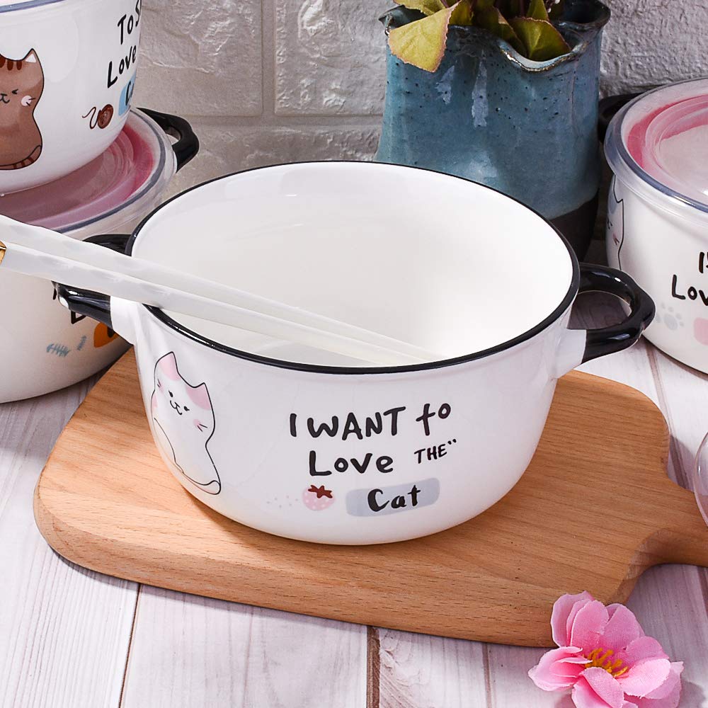 Whitenesser Microwave Ceramic Soup Bowl with Lid and Handles, Cute Cartoon Cat Cereal Bowl for Soup Instant Noodle (Pink)