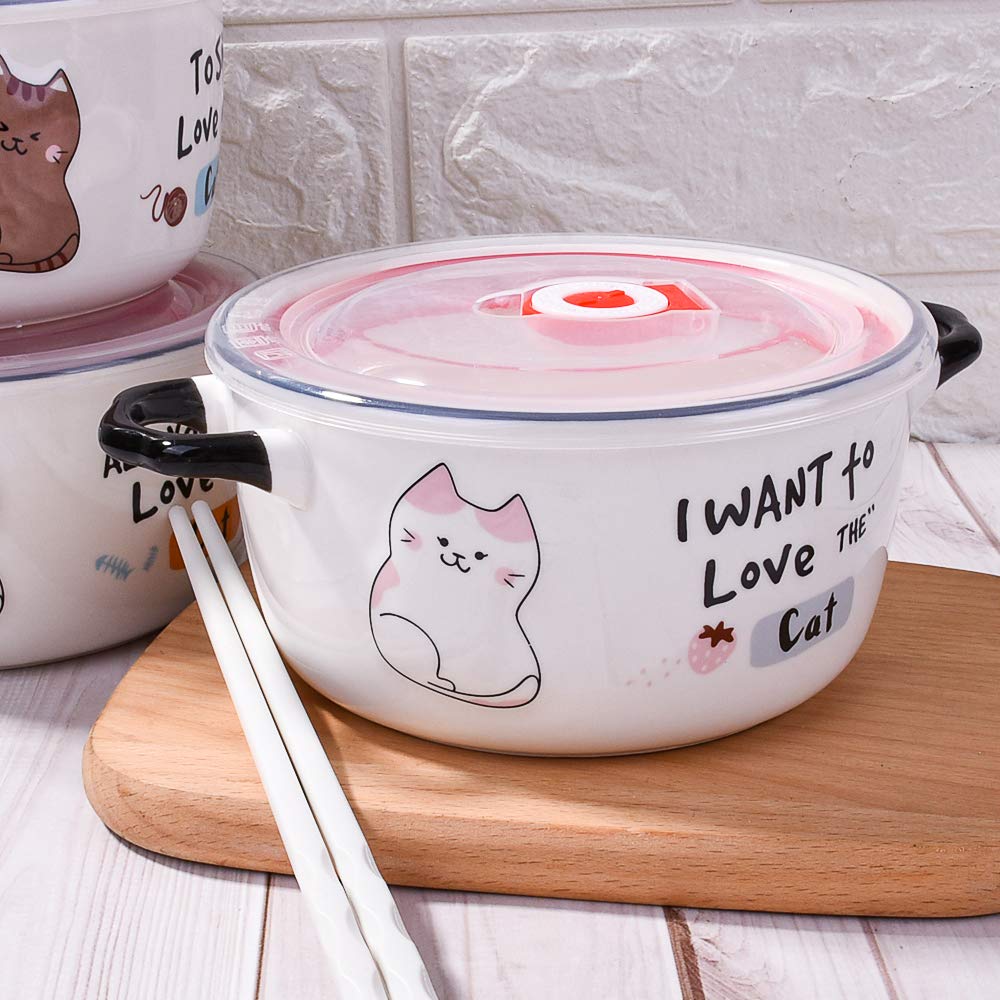 Whitenesser Microwave Ceramic Soup Bowl with Lid and Handles, Cute Cartoon Cat Cereal Bowl for Soup Instant Noodle (Pink)