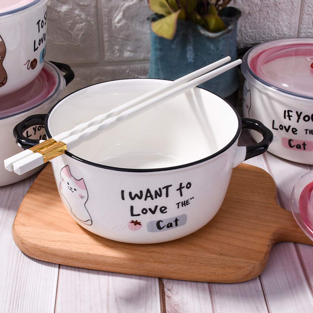 Whitenesser Microwave Ceramic Soup Bowl with Lid and Handles, Cute Cartoon Cat Cereal Bowl for Soup Instant Noodle (Pink)